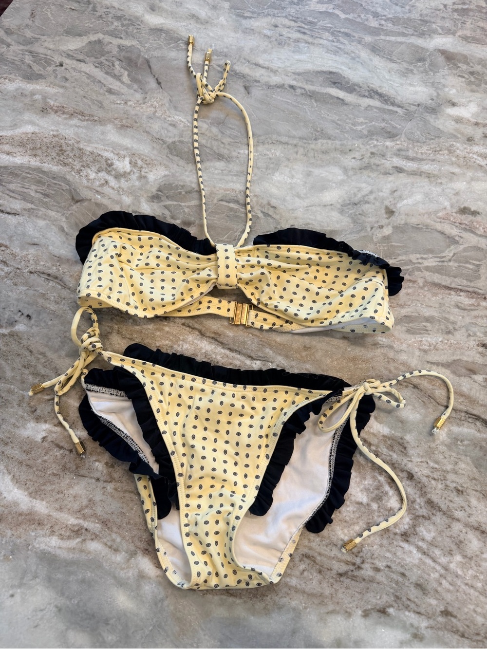 Brette Sandler Yellow Black Ruffle Bandeau Bikini Set Medium Tie Side